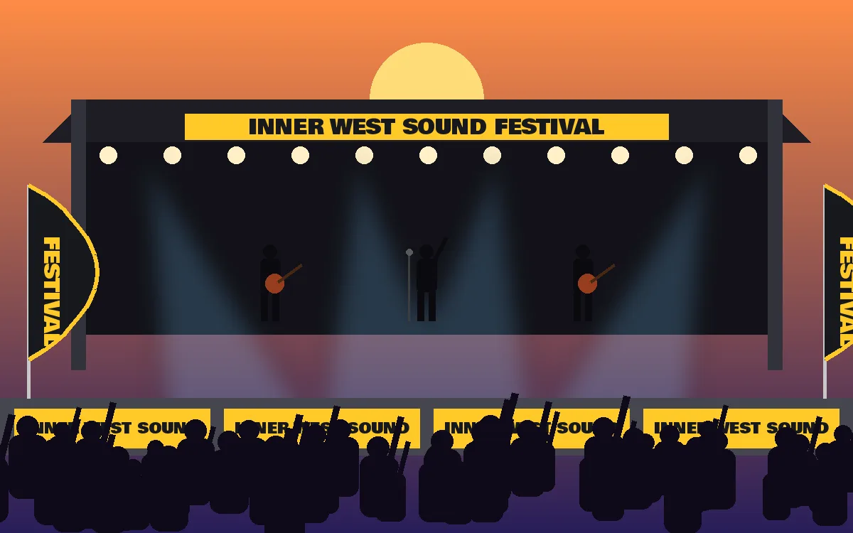 Festival stage with barrier banners and feather flags